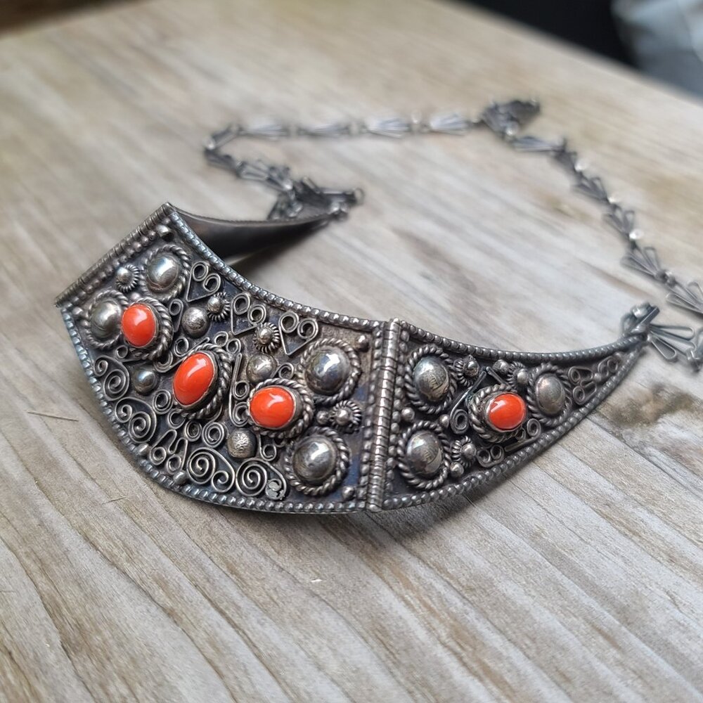 800 Silver Filigree Bib Necklace w Red Coral Cabochons Vintage Italian Ethnic